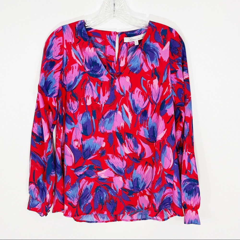 Lovers + Friends Red Bold Floral V Neck Printed Blouse XS